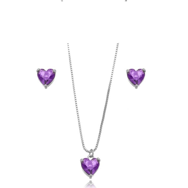 Conjunto corazón amatista rodio