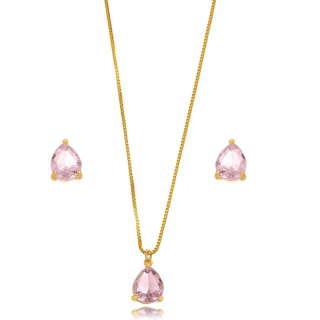Conjunto gota rosa cuartzo oro