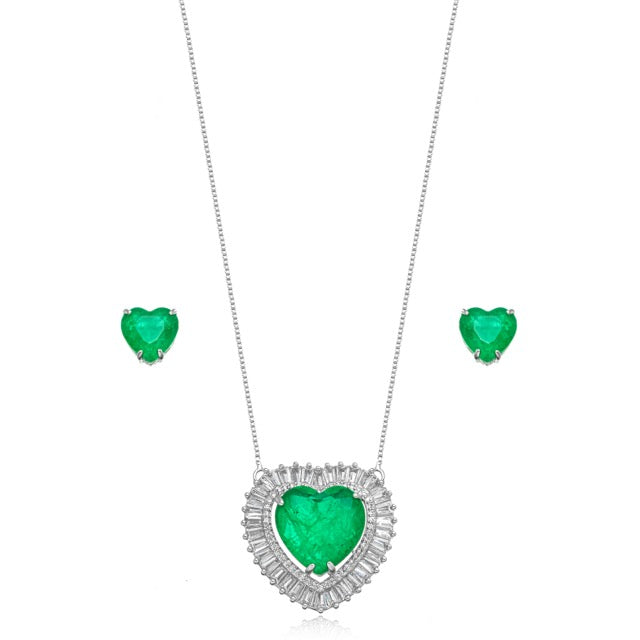 Conjunto corazón esmeralda rodio