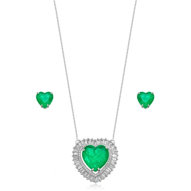 Conjunto corazón esmeralda rodio