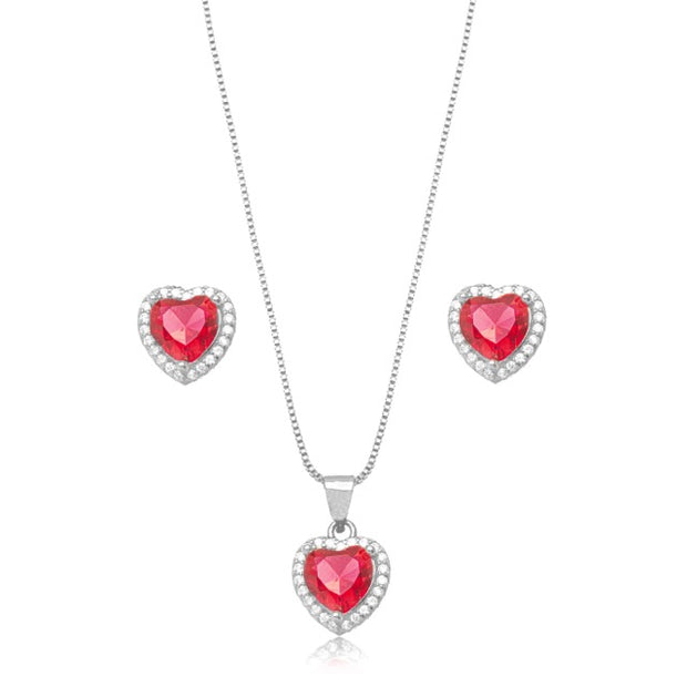 Conjunto corazón rubí rodio